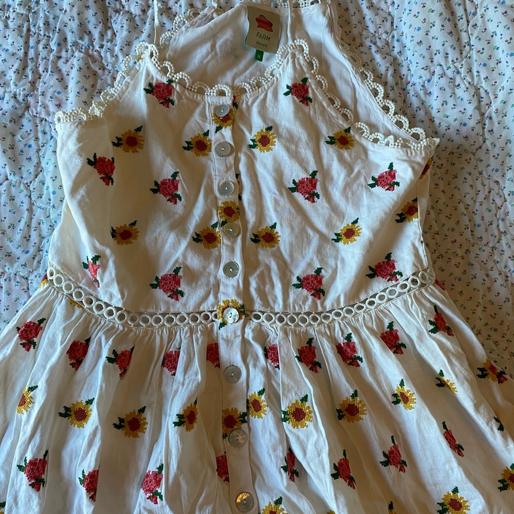 Farm Rio White Floral Embroidered Button-Front Dress